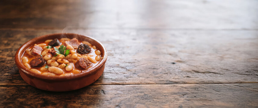 Traditional Fabada Asturiana Bean Stew with Chorizo and Blood Sausage in Clay Dish