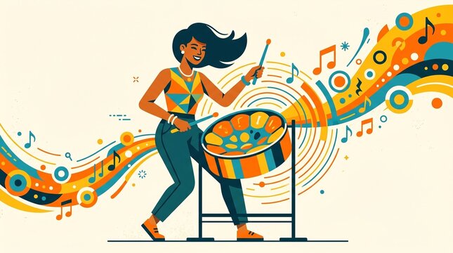 Woman playing drum with musical notes background