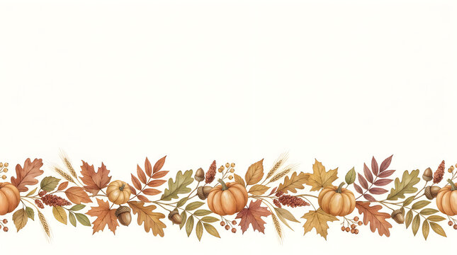 Watercolor border with autumn leaves and pumpkins perfect for thanksgiving holiday cards and seasonal decorative design projects