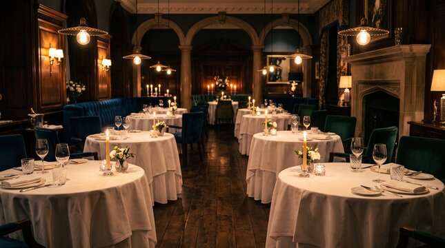 Elegant restaurant interior with set tables lit by candles and dim pendant lights.