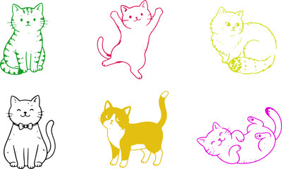 Fototapeta premium Set of cute hand drawn cat illustrations in various poses and colors.