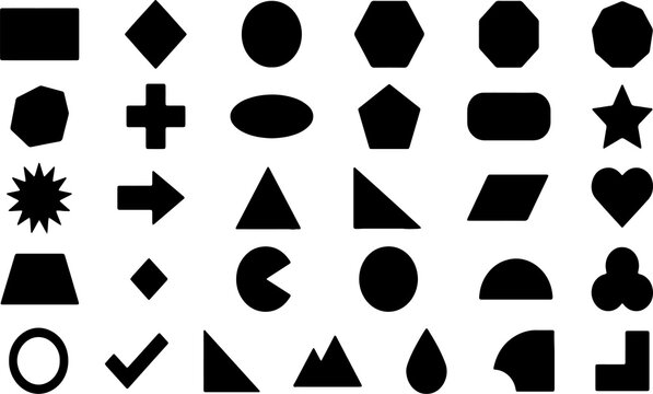 Set of various basic geometric shapes and symbols in black silhouettes on white background.