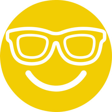 Yellow smiley face icon wearing white eyeglasses on a white background.