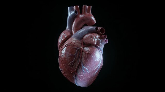 A detailed 3D anatomical human heart model rotates slowly against a black background, showing arteries, veins and realistic cardiac structure.