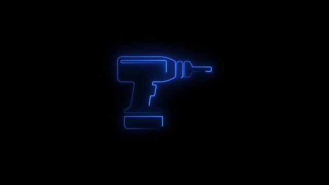 Close-up of a neon drill icon glowing in dark background for technology themes