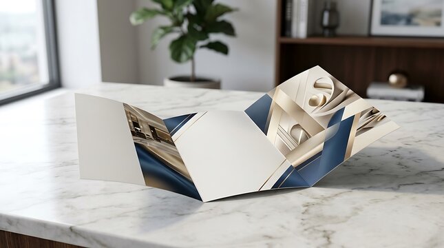 A custom 8.5 x 11 brochure template mockup displayed on a marble table in an office