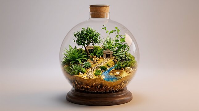 Miniature garden terrarium in glass bottle. Features small green plants, path, and water stream. Decorative indoor gardening setup on white background.