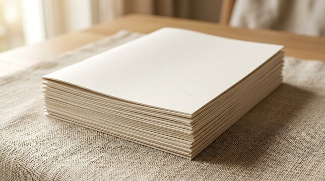 A neat stack of 8.5 x 11 brochure paper resting on a wooden table with a rustic cloth in daylight