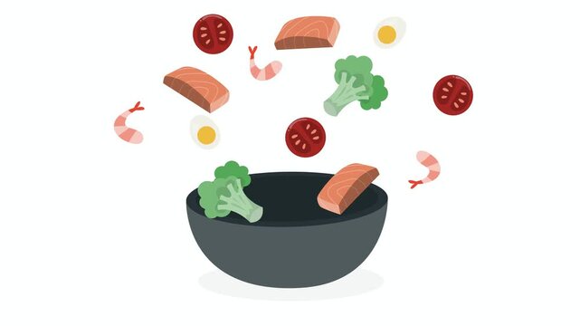 Food Bowl Ingredients Assembly, Healthy Nutrition Recipe, Salmon Prawn Salad, Colorful Vector Animation, Diet Meal Prep, Gastronomy
