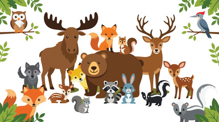 Obraz premium Cute Woodland Forest Animal Collection Featuring Cartoon Bear Moose Deer Fox Wolf Owl and Raccoon Characters for Kids Nursery Holiday Vector Illustration