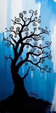 Mysterious black tree with spiral leaves stands out against blue and white brushstrokes, surreal, white