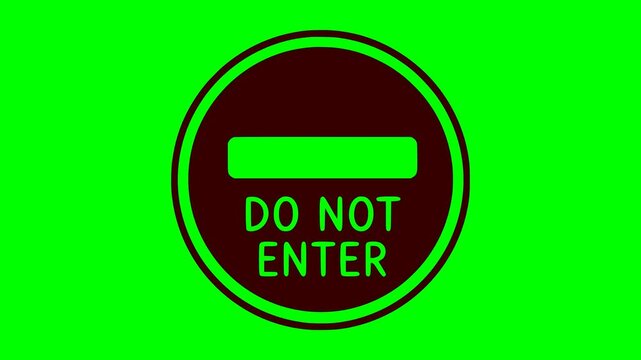 green screen chroma key background featuring a black fill circular do not enter sign animation with text and a flickering red flashing light effect for video editing and compositing