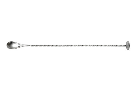 Long, shiny silver metal bar spoon with a twisted handle and flat muddler end, isolated on a clean white background