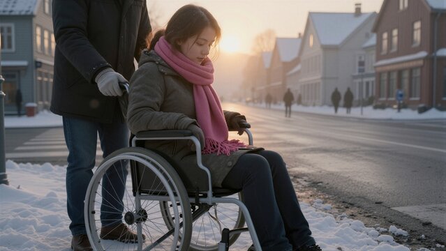 A person in a manual wheelchair is assisted by another individual on a snow-covered residential street at dawn or dusk.
