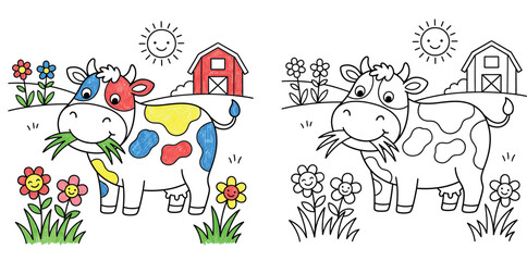 Fototapeta premium Cute Cartoon Farm Cow Eating Grass in a Sunny Field with a Red Barn Drawing