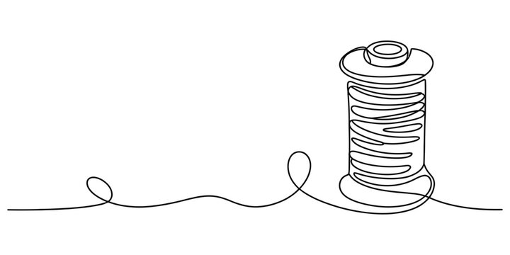 Sewing thread spool continuous line art illustration in black and white minimalist design for tailor hobby concept.