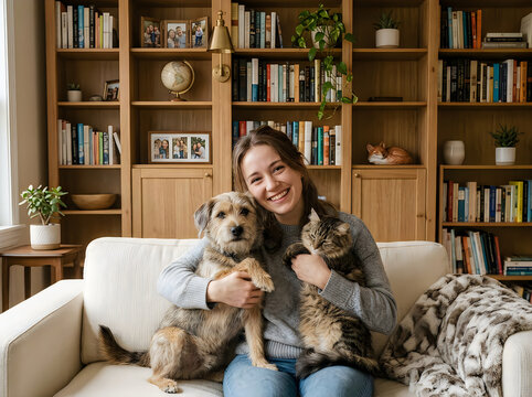 Happy girl holding dog and cat on sofa