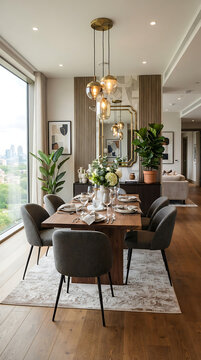 Modern dining room interior with a wooden table and upholstered chairs in a luxury apartment
