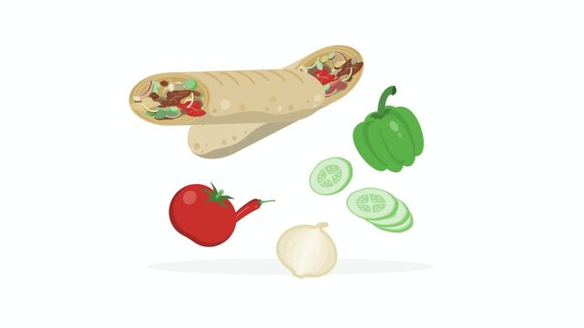 Shawarma Turntable, Food Animation, Middle Eastern Cuisine, Rotating Flatbread, Layered Ingredients, 2D Motion Graphics, Kitchen Background, Restaurant Promo, Vector Illustration, Modern Style