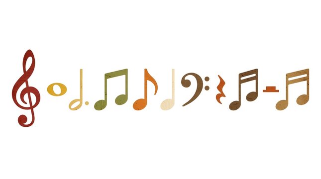 Set of musical symbols and notes in a rustic paper texture style isolated on white