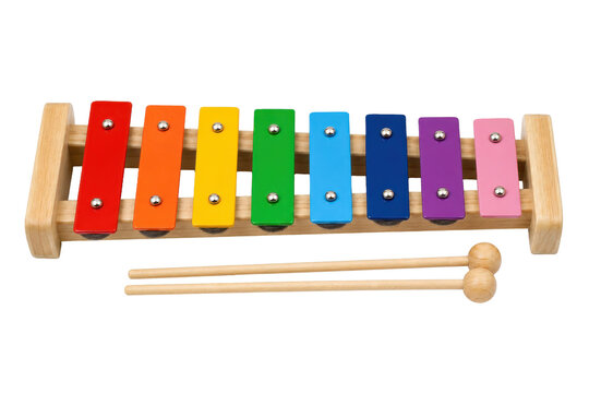 Colorful wooden toy xylophone with eight rainbow-colored metal bars and two mallets, isolated on a white background