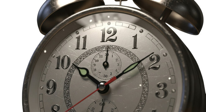 Antique alarm clock with twin bells during morning light with conceptual time management isolated on transparent background