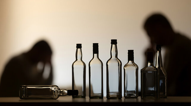Silhouette of a person with empty glass bottles of alcohol representing addiction struggle depression mental health issue and recovery challenge