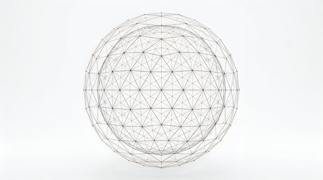 Futuristic wireframe sphere with plexus connections, geometric globe network on white background, abstract digital technology orb