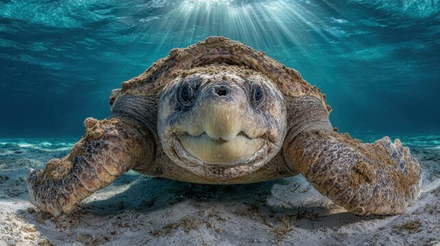 Giant sea turtle with barnacles on weathered carapace swimming in sunlit ocean depths