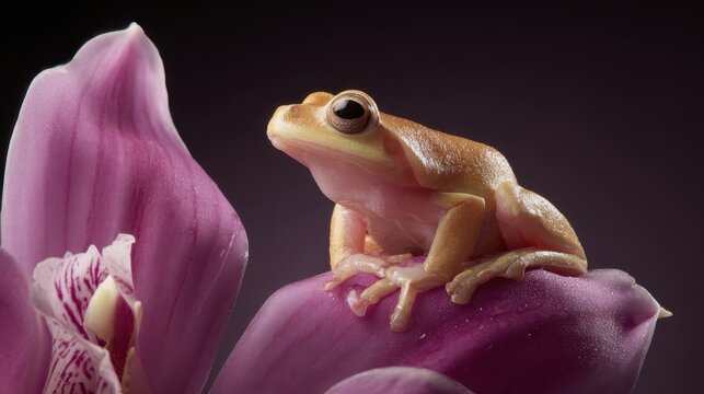 Golden-eyed Tree Frog Perched Precariously on a Delicate Purple Petal in Macro Wildlife Photography