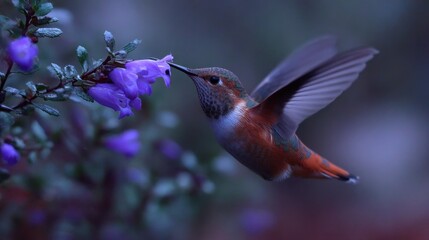 Obraz premium Iridescent Calliope Hummingbird Sips Nectar from Delicate Purple Flower in Natural Setting