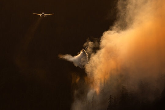 Airplane drops water on a wildfire from above.