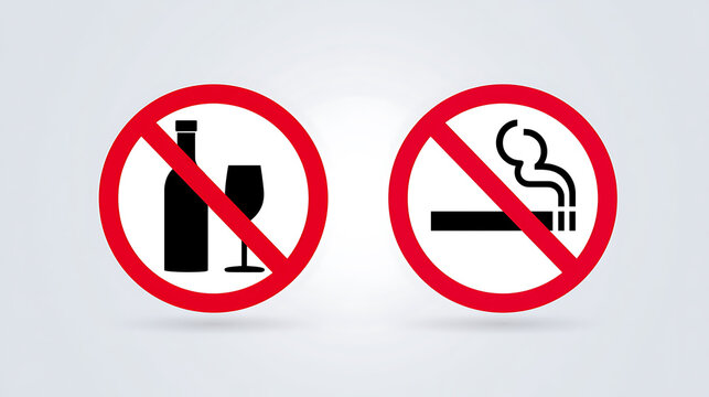 Red circle prohibition signs for no alcohol and no smoking, featuring black bottle, glass, and cigarette icons on a clean white background