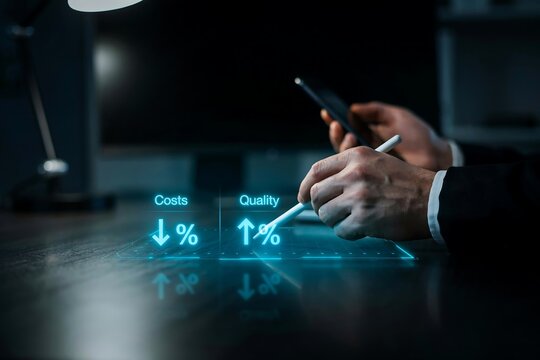 Business analyst using tablet and stylus to evaluate cost reduction and quality improvement data