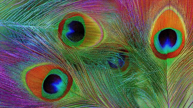 Intricately patterned vibrant peacock feathers showcasing iridescent eye designs and rich color textures