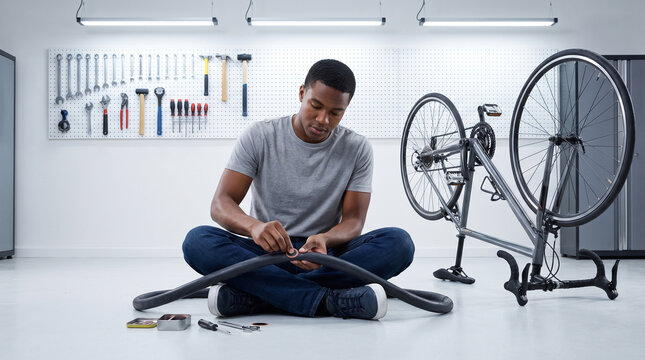 Young Man Repairing Bicycle Inner Tube in Garage