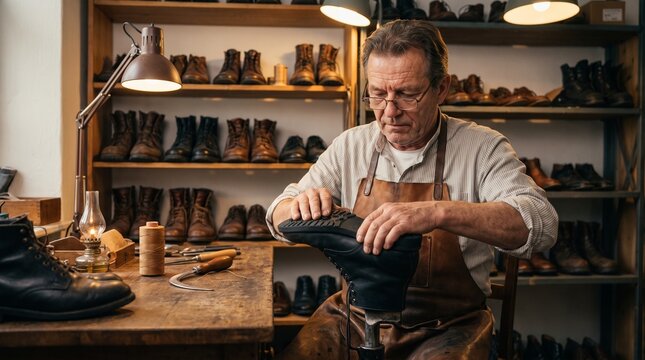 Shoemaker Repairing Sole of Leather Boot in Workshop