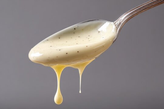 Bechamel sauce dripping from metal spoon