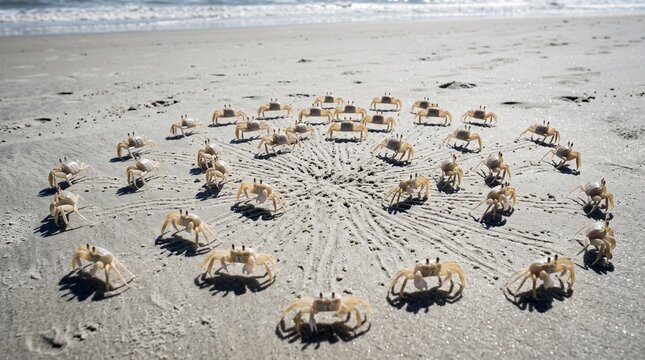 Group of small ghost crabs gathers in circular formation on sandy beach leaving footprints on sand.