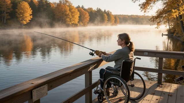 A serene autumn morning unfolds on the tranquil lake's wooden dock, where a woman in a wheelchair finds peaceful solace in the gentle ripples and vibrant foliage surrounding her.