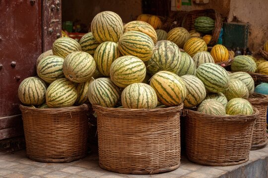 Striped melons in market baskets