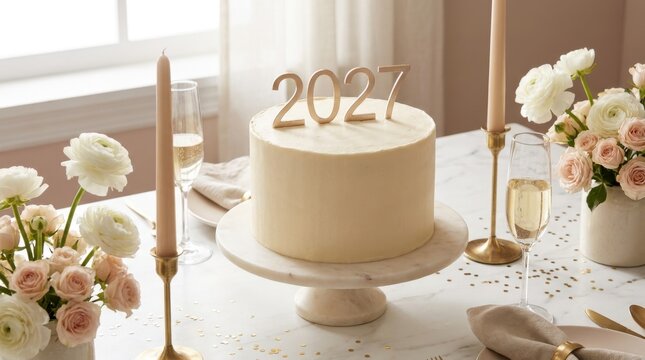Elegant 2021 cake with gold topper on table