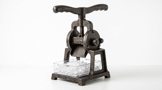 Vintage cast iron ice crusher press and manual ice shaver machine with crushed ice isolated on white background