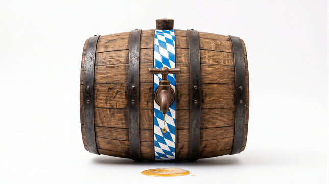 Wooden beer keg with Bavarian flag pattern and brass tap dripping golden beer, conceptual 3D render representing Oktoberfest opening, traditional brewing, Munich and German culture.