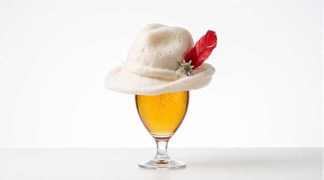 Beer glass with thick white foam shaped as a traditional Bavarian alpine hat with red feather and edelweiss flower, conceptual 3D render representing Oktoberfest celebration.