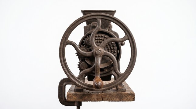 Vintage cast iron corn sheller machine and hand crank grain grinder isolated on white background