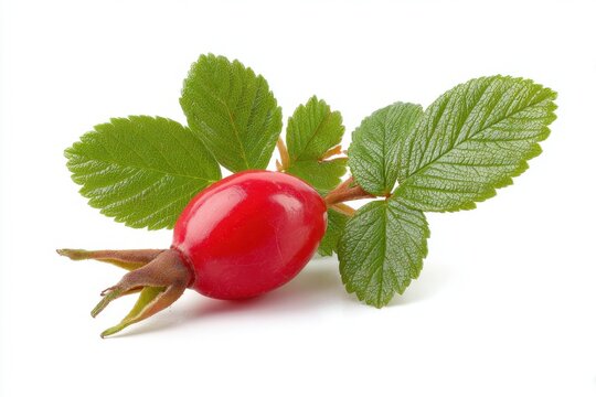 Vibrant red rosehip with green leaves