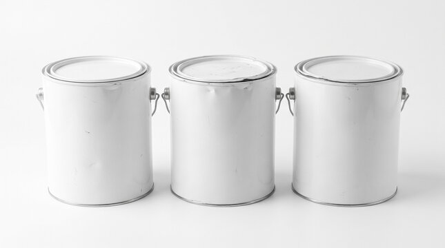 Three white paint cans on a light surface mockup vector and photo illustration