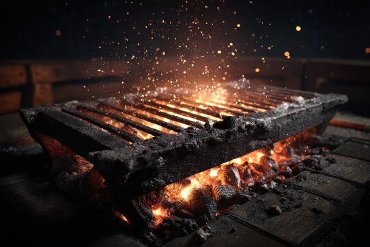 vintage charcoal BBQ grill grate positioned over glowing coals, heavy iron bars with rugged, charred edges, sparks flying upward,