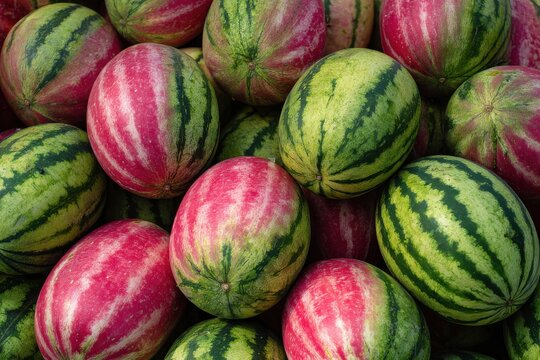 Fresh vibrant watermelons stacked in bulk